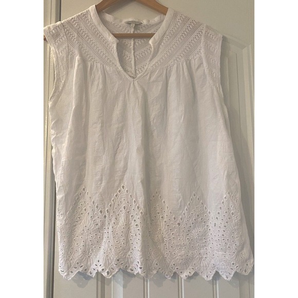 Lucky‎ Brand White Eyelet Blouse Smocked Peasant Boho Top Cotton/linen Sz Large - Picture 1 of 6